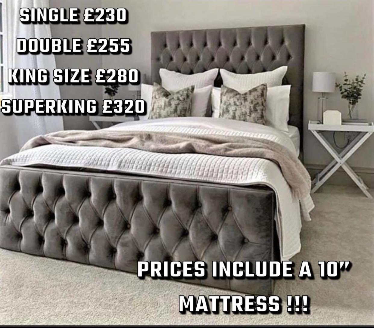 Grey Chesterfield Bed (Mattress Included) — From £230