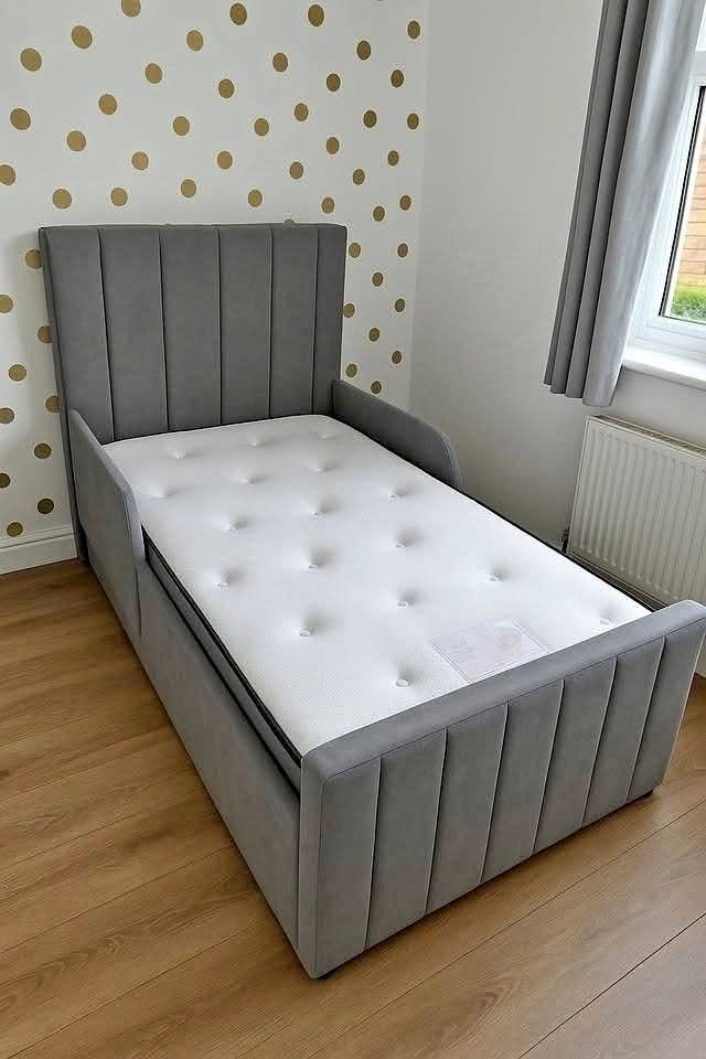 Grey Fluted Upholstered Single Bed
