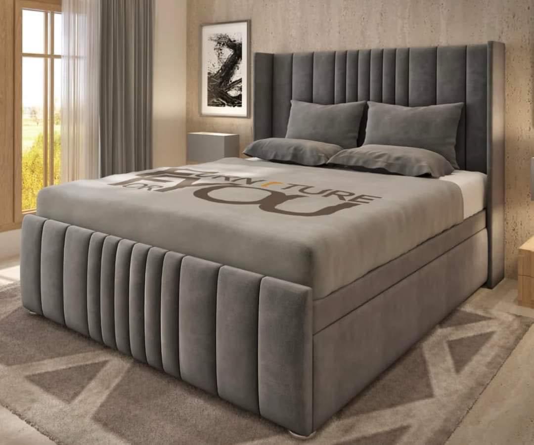 Grey Fluted Wingback Bed