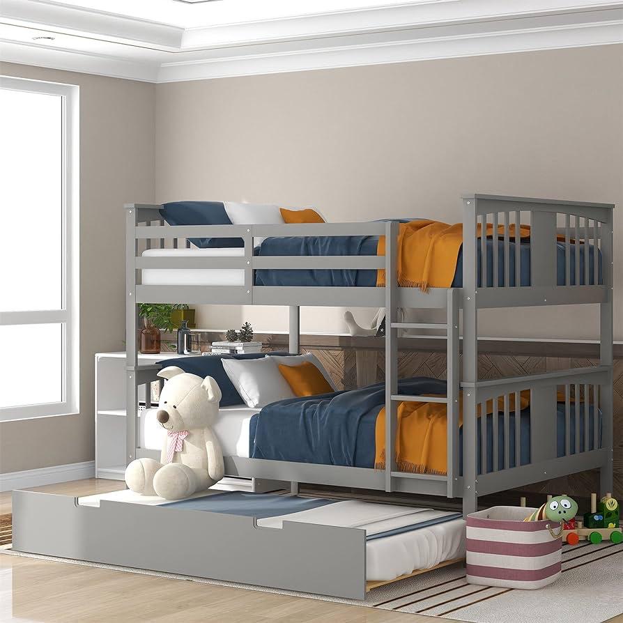 Grey Wooden Bunk Bed with Trundle