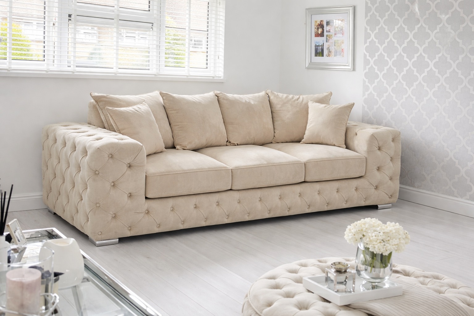 Chesterfield 3 Seater — Cream Velvet