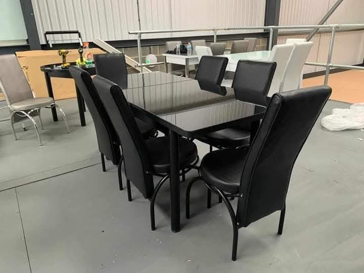 Black Glass Dining Set — 6 High-Back Leather Chairs