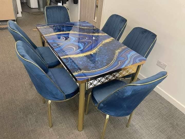 Blue Agate & Gold Extending Set — 6 Velvet Chairs