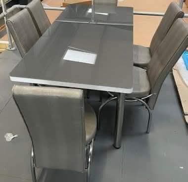 Grey Glass Dining Set — 4 Fabric Chairs