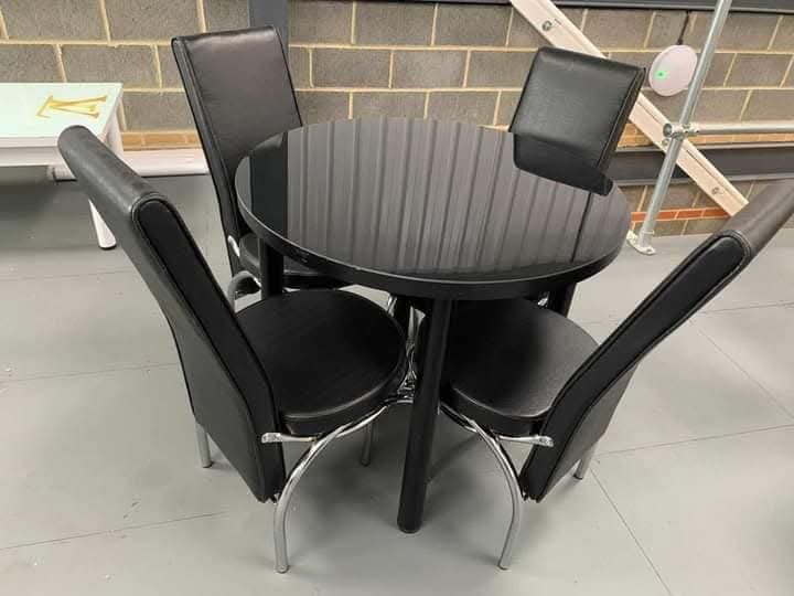 Round Black Dining Set — 4 Faux-Leather Chairs