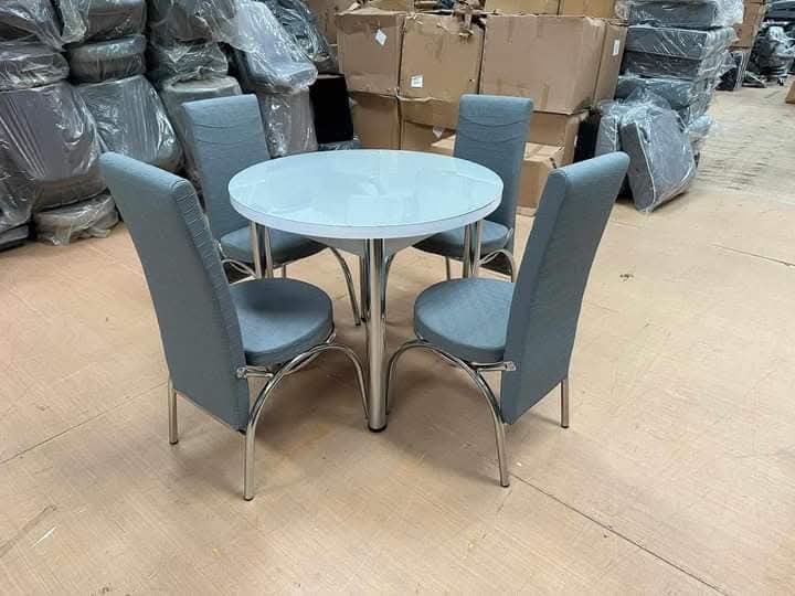 Round White Dining Set — 4 Grey Fabric Chairs