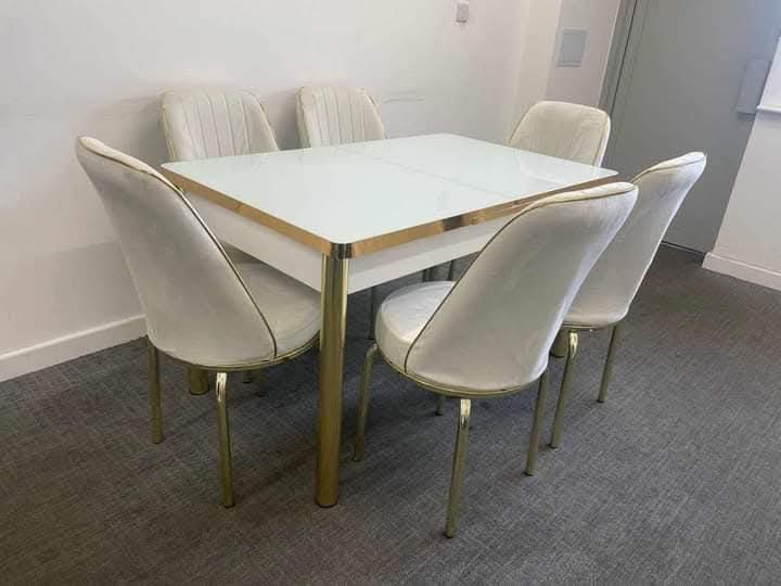 White & Gold Extending Set — 6 Cream Velvet Chairs