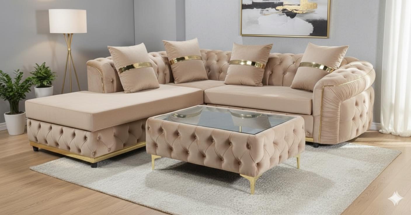 Dylan Sofa — Corner Chaise Set with Footstool, Beige