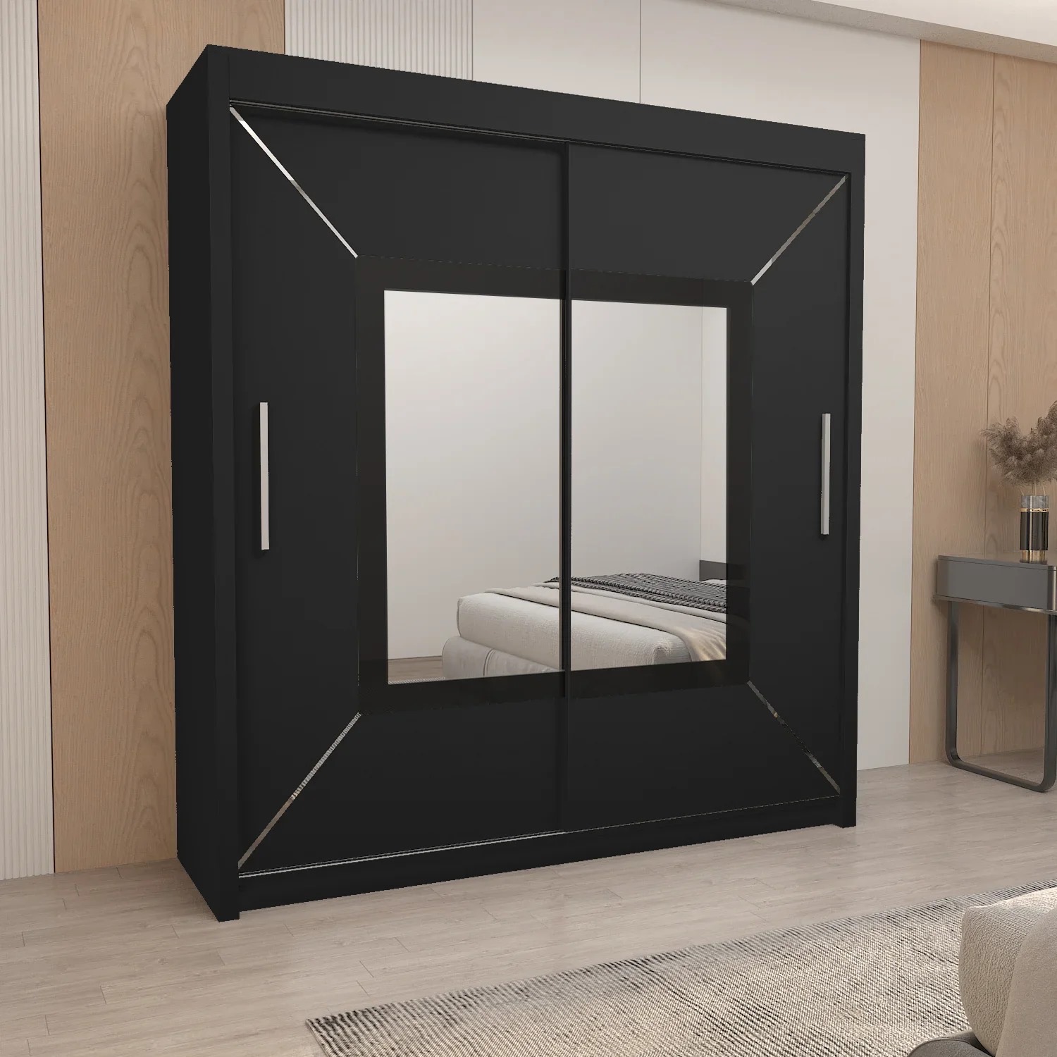 Milan Black 2-Door Sliding Mirror Wardrobe